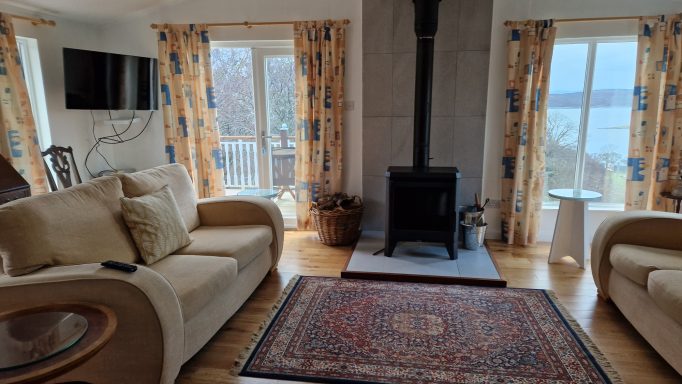 wood fired stove in a holiday accomodation with sea views